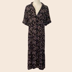 Noa Noa Navy & Lilac Floral Buttonfront Midi Shirt Dress Size 40